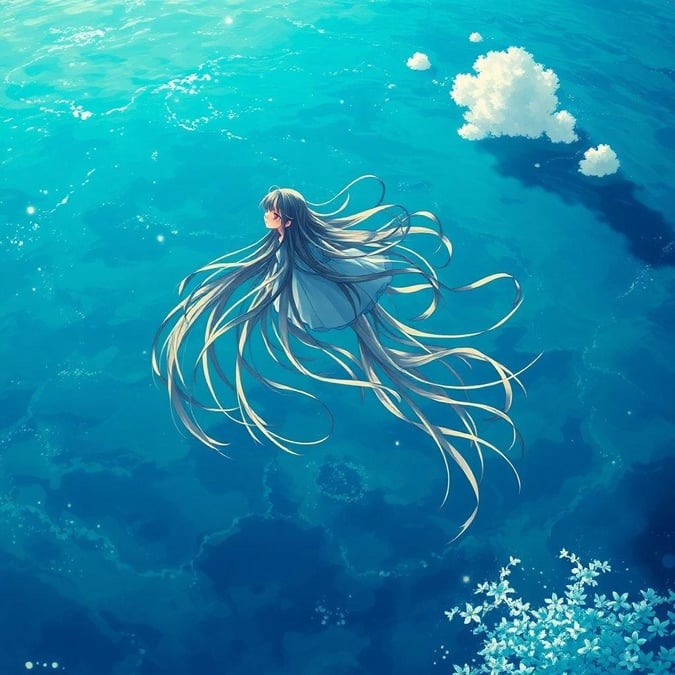 Un'illustrazione anime splendidamente dettagliata che cattura una ragazza che fluttua graziosamente sopra un vasto oceano. I suoi lunghi capelli fluiscono come alghe, aggiungendo all'atmosfera serena della scena. I colori vivaci dell'oceano e l'illuminazione soffusa creano un senso di tranquillità.