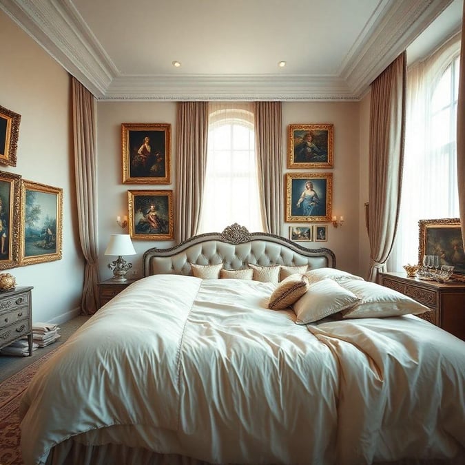 This luxurious bedroom exudes a classic elegance, featuring a large canopy bed adorned with plush pillows and blankets, surrounded by an array of wall art that adds a touch of sophistication.