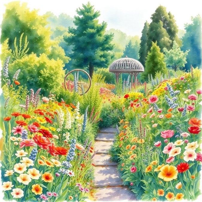 A serene path through a lush garden, alive with the colors and beauty of wildflowers.