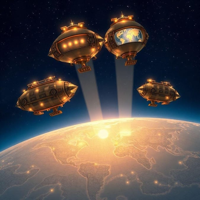 A breathtaking scene of steampunk airships soaring above the Earth, creating a mesmerizing display of light and color.