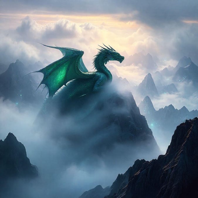 This fantasy wallpaper features a majestic dragon soaring through the clouds, creating a sense of wonder and magic.