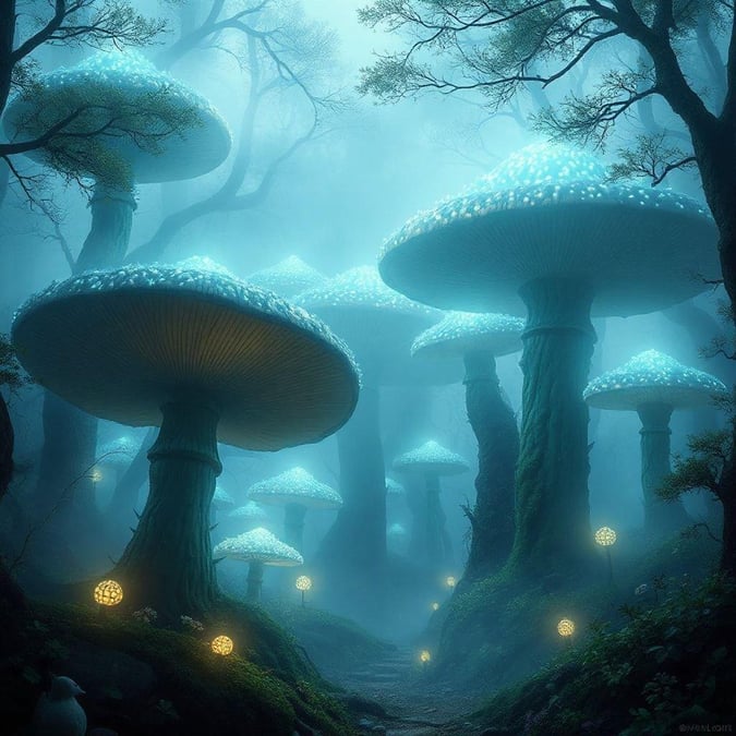 A magical forest filled with illuminated mushrooms, guiding the way through the misty path.