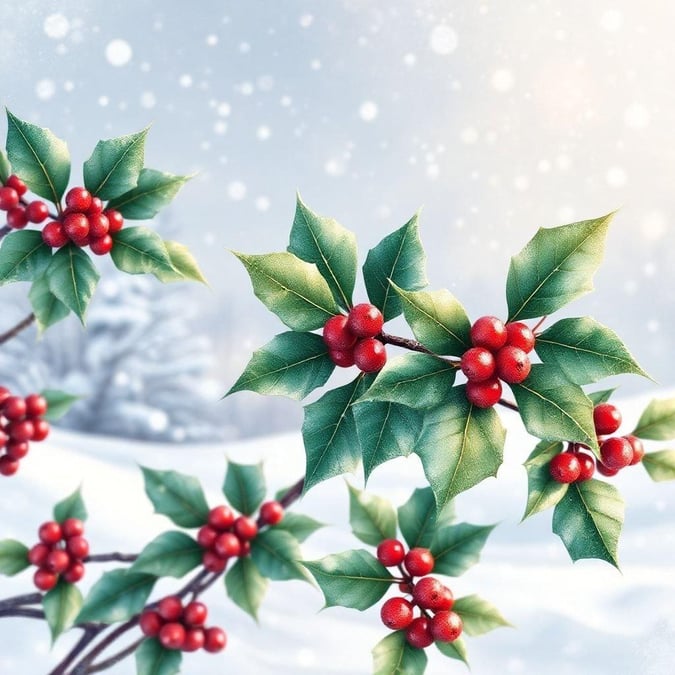 Wintertime decoration with red berries and green holly leaves against snowy backdrop, evoking a festive and cozy atmosphere for desktop and mobile use.