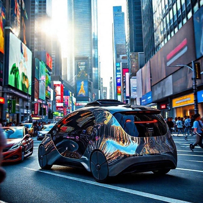 Experience the future of urban transportation with this sleek, black self-driving car. The vehicle is equipped with cutting-edge technology and features a distinctive design that stands out against the backdrop of bustling city streets. This dynamic image captures the essence of modern city living and the advancements in automotive innovation.