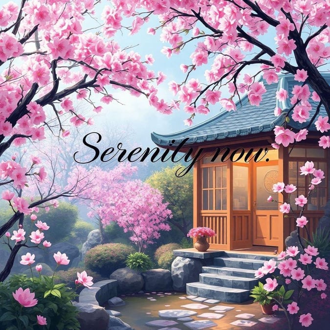 Find your tranquility in this picturesque scene. With Japanese architecture and cherry blossom trees, this peaceful setting brings a calming quote to life.