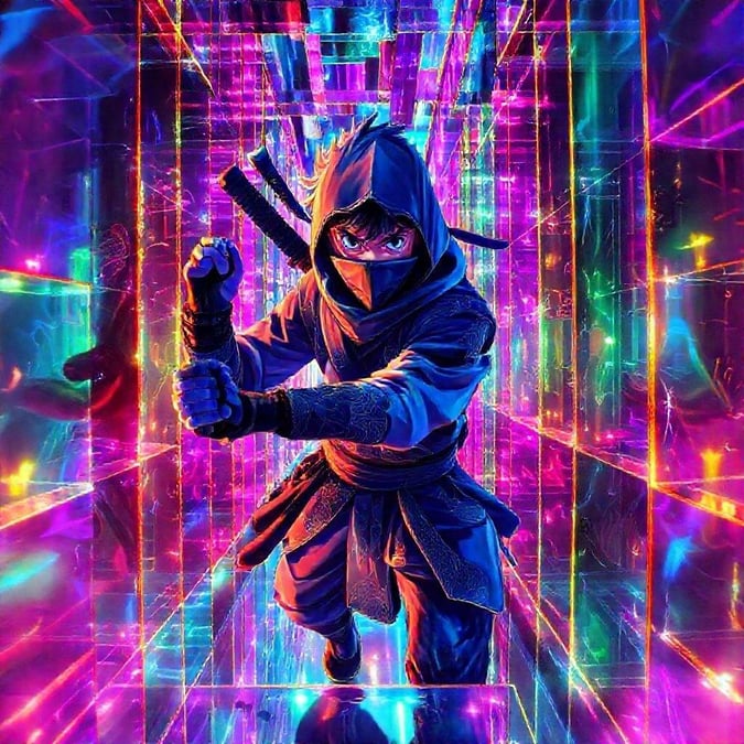 Genç bir ninja çırak ile canlı, neon ışıklarla aydınlatılmış bir labirenti keşfedin. Dijital sanat eseri, anime enerjisini ve ninjanın yansıtıcı ayna labirentindeki yolculuğunun karmaşıklığını yakalıyor.