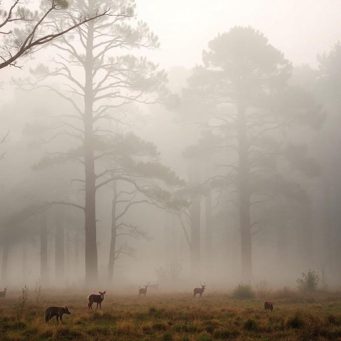 This serene image captures a group of deer in a misty forest, creating a peaceful and calming atmosphere.