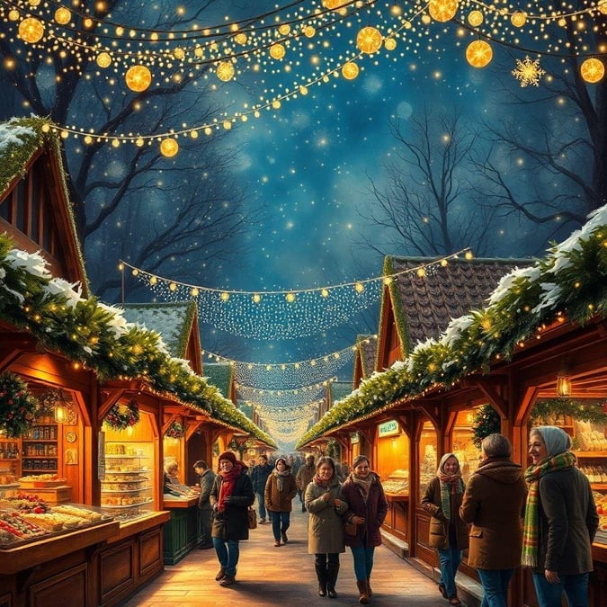 Walking through the festive atmosphere of a Christmas market, filled with the scent of mulled wine and glühwein. The snowy weather adds to the charm as people shop for gifts or enjoy some holiday treats.