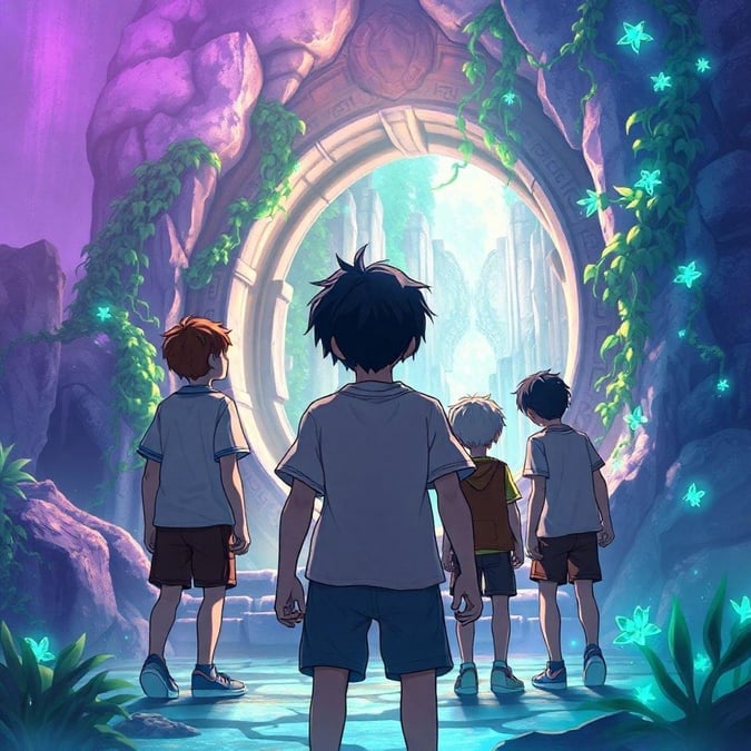 A group of young boys stumble upon a mysterious portal, surrounded by magical ruins, in this captivating anime scene.