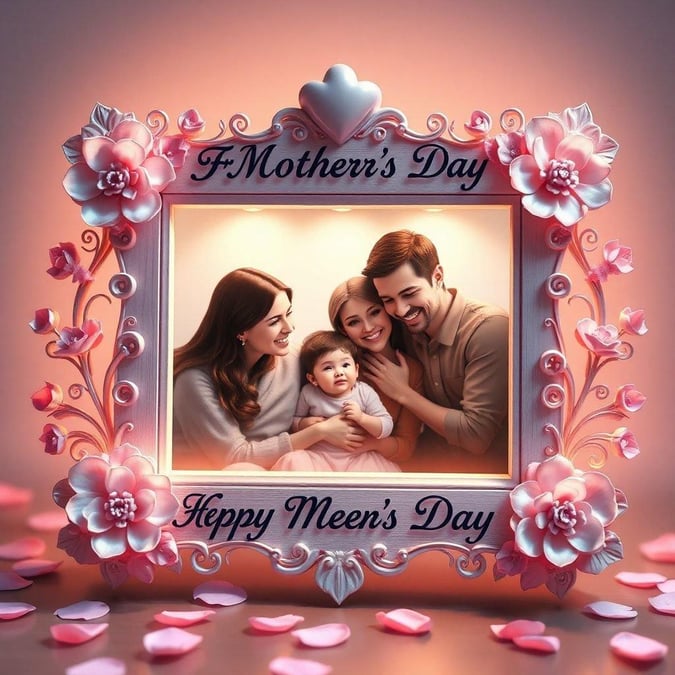 A heartwarming family moment with a newborn baby celebrating Mom's and Dad's day together. Pink flowers adorn the frame for a lovely decorative touch.