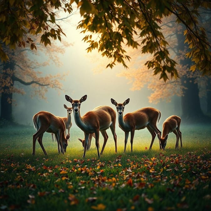 This beautiful wallpaper features a serene scene of deer in the forest, perfect for your desktop or mobile device. The image showcases the majesty of nature, with the deer roaming freely in their natural habitat. The forest provides a stunning backdrop, with lush greenery and towering trees that add depth and texture to the image. This wallpaper is ideal for anyone who loves animals and nature, and wants to bring a touch of the wild into their daily life.