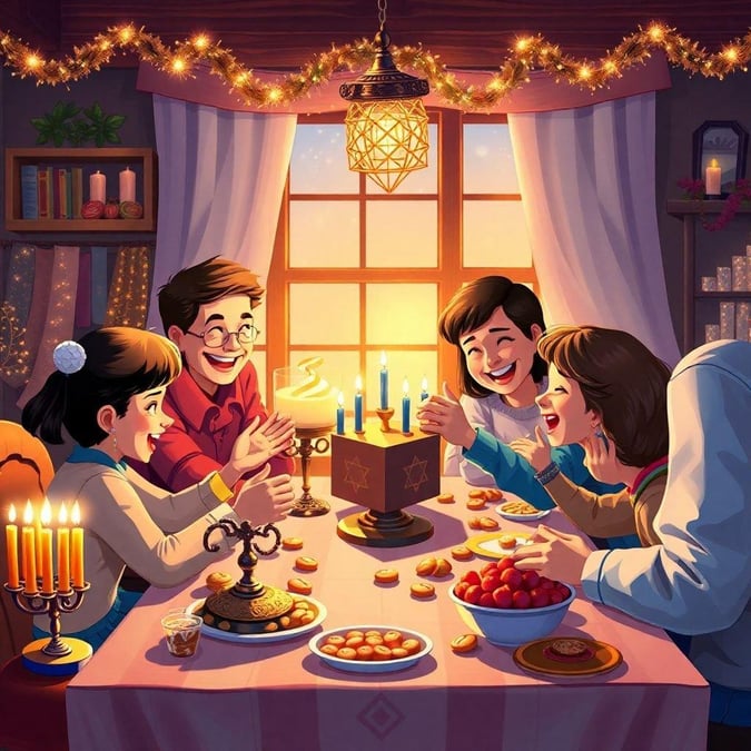 A joyful scene of a family celebrating Hanukkah with a menorah, candles, and traditional foods.