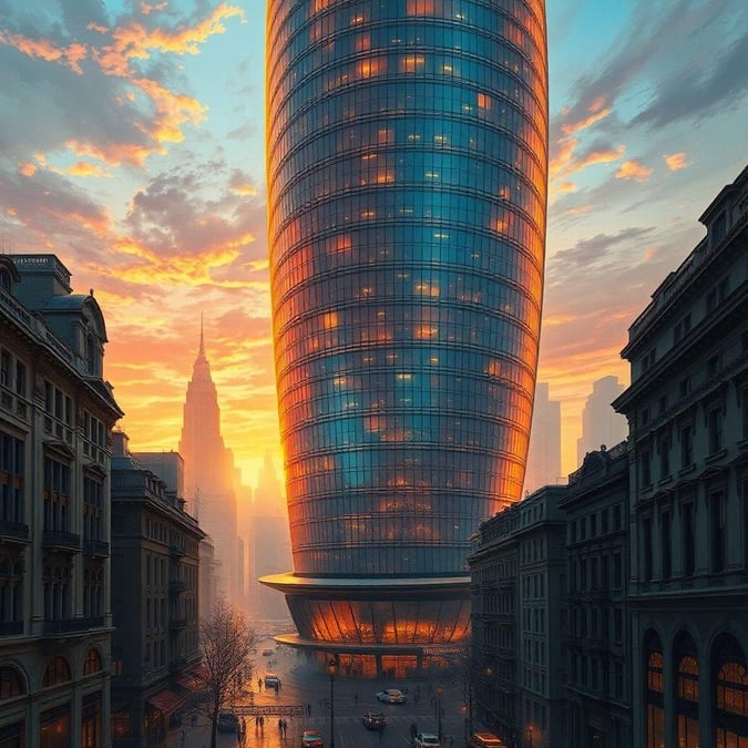 Bathed in the warm glow of sunset, the modern 'Future Tower' stands tall against a vibrant sky, its unique design an architectural marvel. The bustling city street below hints at the tower's significance, with people and cars moving about their day.