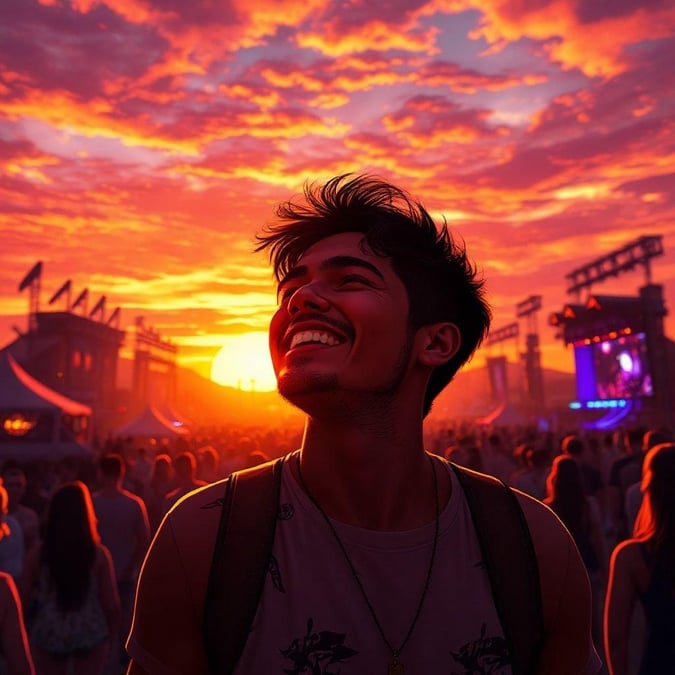 A happy young man with beard, smiling into the camera during an outdoor music festival. The stage lights shine behind him against a beautiful twilight sky.