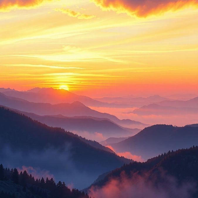 A picturesque view of sunrise in the mountains, with a lush valley below.