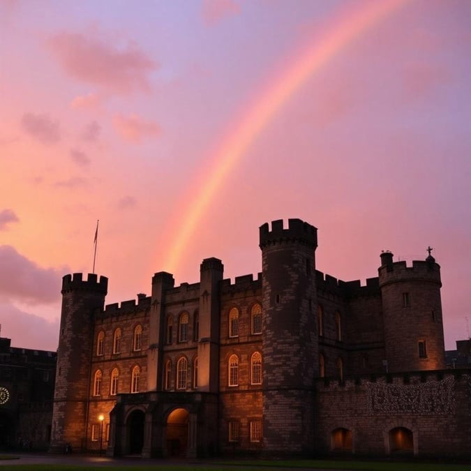 This image captures the enchanting spirit of St. Patrick's Day with a beautiful rainbow arching over a majestic castle, reminiscent of fairy tales and legendary stories.