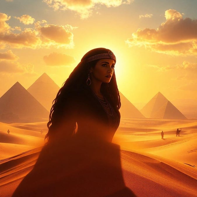 Step into the mystique of ancient Egypt with this captivating wallpaper featuring a stunning Egyptian woman amidst the majestic pyramids. The image exudes a sense of timeless elegance and historical grandeur, making it a perfect fit for those who appreciate the beauty of ancient civilizations.