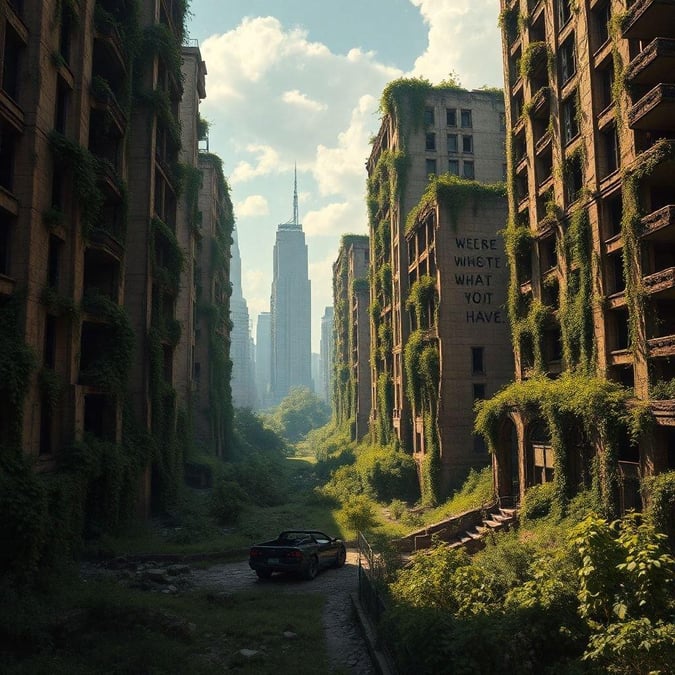 A deserted street in an urban jungle, with overgrown weeds and graffiti, evoking a sense of urban decay.