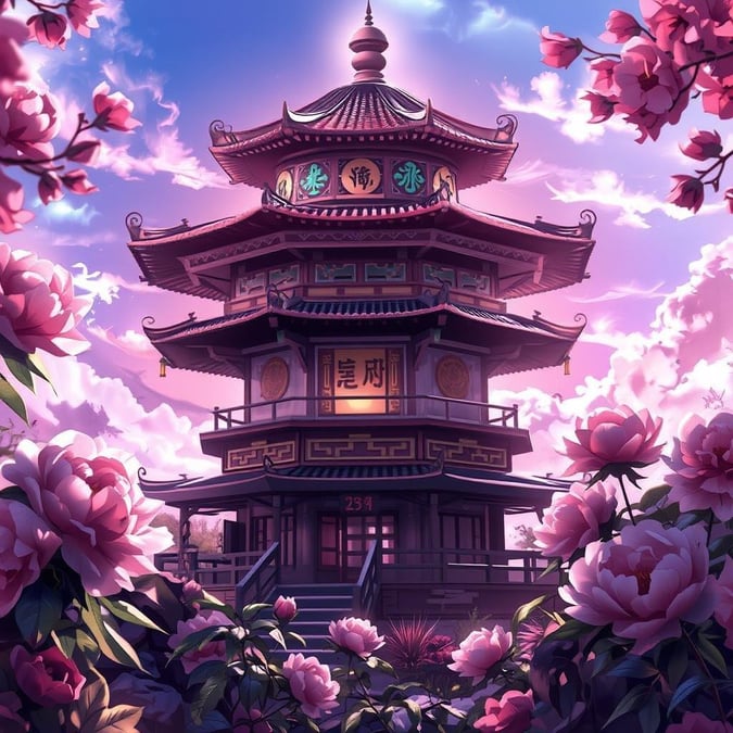 Questo sfondo in stile anime presenta una pagoda a forma di teiera che svetta in un giardino di peonie in fiore, creando una scena serena e pacifica.