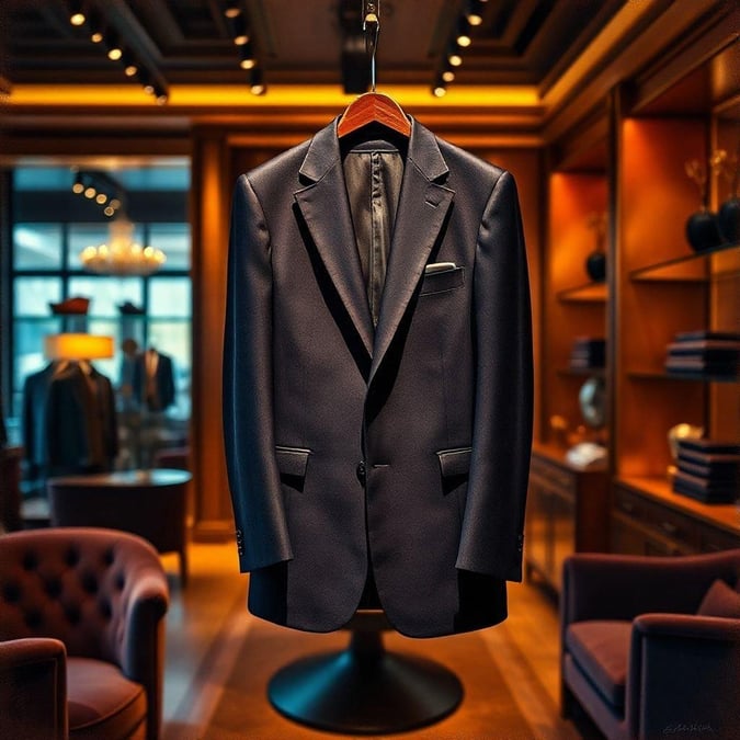 Exude sophistication with this tailored, button-up suit jacket hanging in a luxurious boutique. The elegant cut and classic style make it the perfect choice for formal occasions.