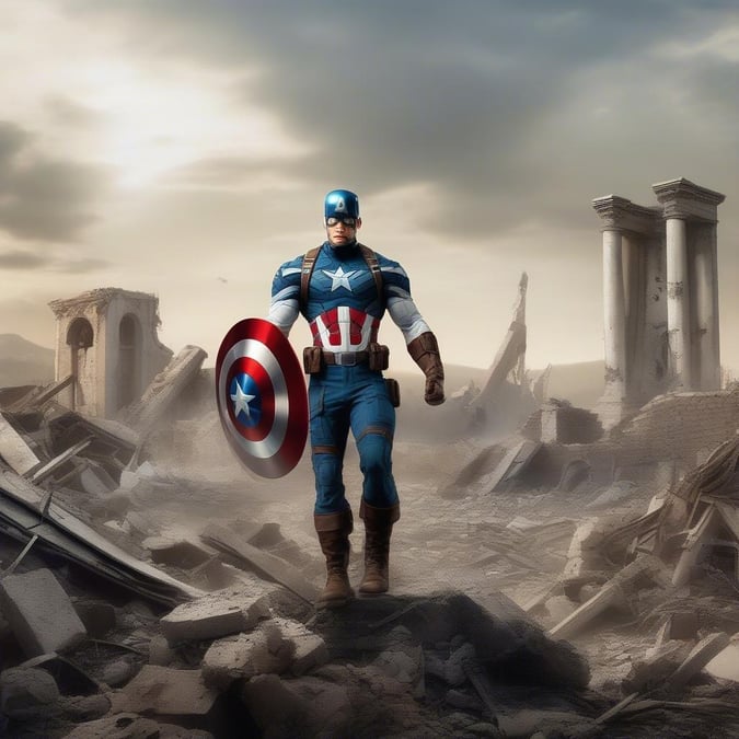 When duty calls, Cap steps up. Standing amidst the rubble, he exudes a steely determination to protect and defend.