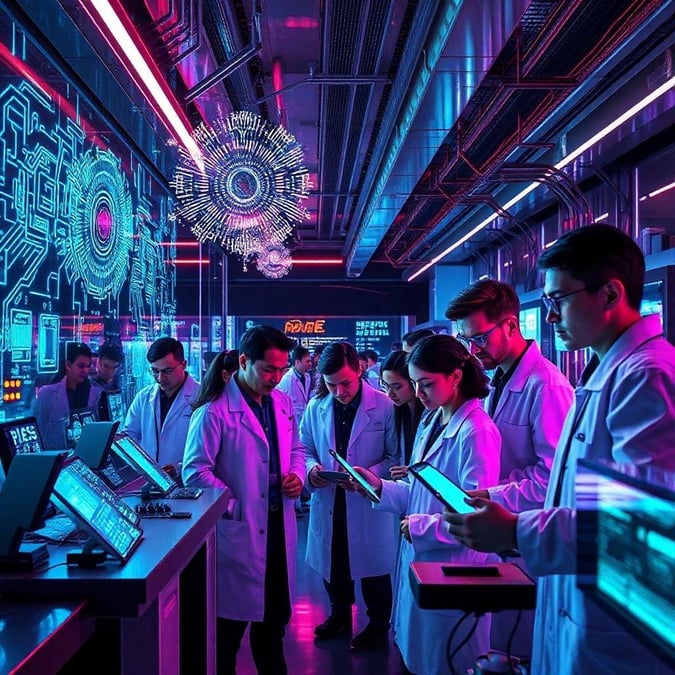 A group of scientists in lab coats studying and working on futuristic technology, surrounded by cyberpunk neon lights.