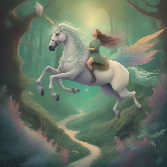 Celebrate Mother's Day with this beautiful wallpaper featuring a woman riding a unicorn in a forest.