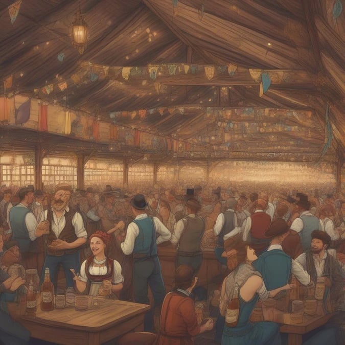 Join the merriment at this bustling Oktoberfest festival, where guests are seated around long tables enjoying beer and hearty food. The scene is vibrant with colorful flags and lanterns adding to the festive atmosphere.