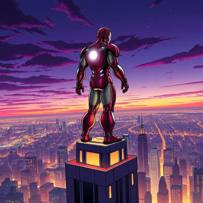 This image is a wallpaper featuring Iron Man standing on top of a skyscraper, looking out over the city. The image is a comic book-style illustration, with bold lines and bright colors.