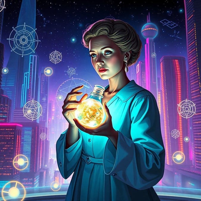 A modern, sci-fi city with neon lights and a cybernetically enhanced woman holding the key to the future.