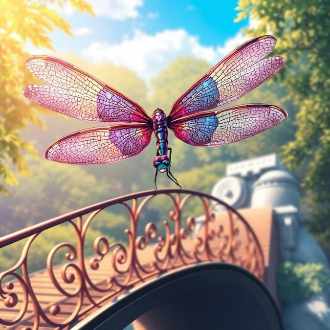 A serene anime-style illustration of a dragonfly perched on a bridge, showcasing its majestic beauty and intricate details.