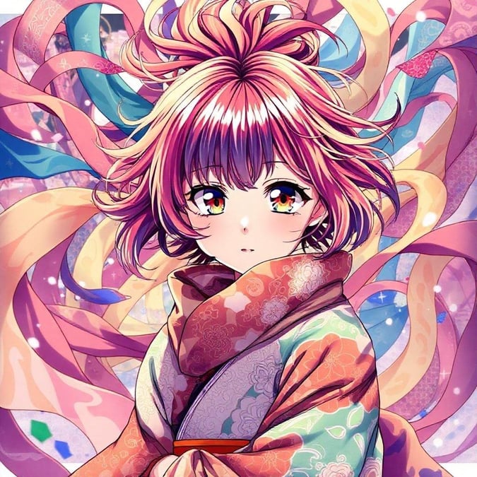 A colorful anime wallpaper featuring a young girl in traditional Japanese garments. Her vibrant hair contrasts with the whimsical kimonos and scarves in the background, creating a dreamy atmosphere that captures the spirit of spring festivals.