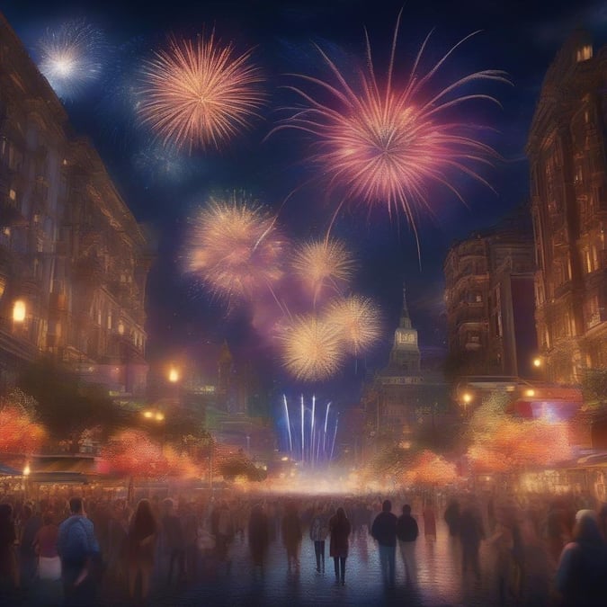 Lively gathering on the streets, watching colorful fireworks explode above the city skyline.