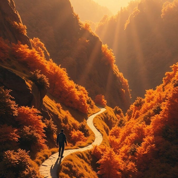 A serene anime illustration of a lone figure walking along a winding mountain path, surrounded by a lush forest, in warm hues of orange and yellow.