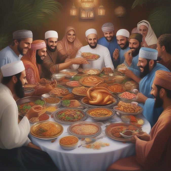 A heartwarming scene of people from different backgrounds coming together to share a meal and celebrate the spirit of Ramadan and Eid.