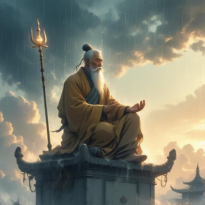 This anime illustration features a wise old sage sitting atop a towering pagoda, holding a trident and in a meditating pose, set against a rainy sky with a warm glow from the setting sun.