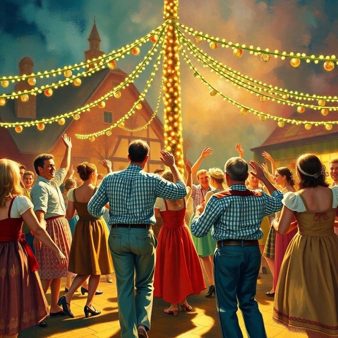 A lively scene from the world-famous Oktoberfest, with people dressed in traditional attire enjoying a beer garden atmosphere under colorful lights.