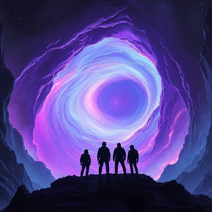 A trio of astronauts stand in wonder at the edge of a cosmic tunnel, an otherworldly vista that beckons with its ethereal purple and blue hues.