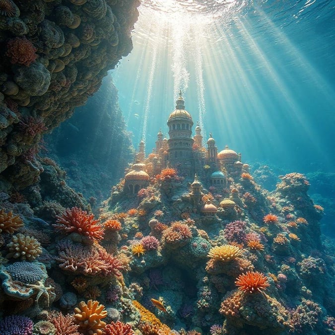 This mesmerizing view captures the beauty and mystery of the deep sea. A magnificent castle-like structure rises from the depths, adorned with vibrant corals and teeming with marine life. The sun casts a radiant glow through the water, illuminating the scene and highlighting the intricate details of this hidden underwater wonder.