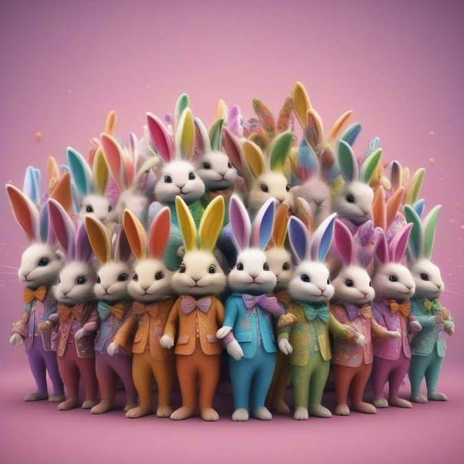 A vibrant and cheerful collection of Easter bunnies with colorful outfits, inviting joy and celebration.