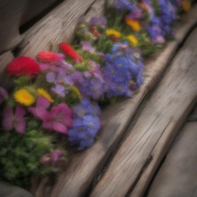 A vibrant collection of flowers blooming on a rustic wooden surface, bringing the freshness and beauty of spring indoors. The variety of colors and textures creates a lively and serene atmosphere.