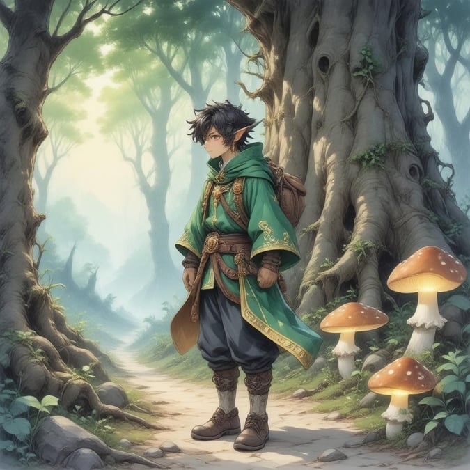 Step into a world of wonder with this captivating anime wallpaper, featuring a lone traveler in a mystical forest. The traveler's vibrant green and gold outfit stands out against the lush greenery, while the glowing mushrooms and ancient tree trunk create a sense of enchantment. Perfect for fans of fantasy and adventure, this wallpaper is sure to transport you to a world of magic and mystery.