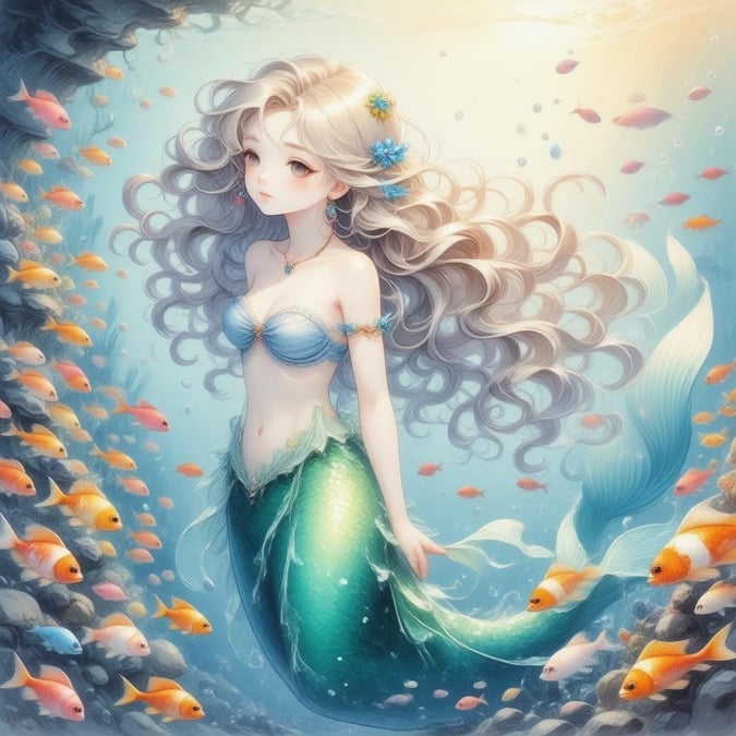 Immerse yourself in the enchanting world of anime with this captivating illustration of a mermaid princess, surrounded by a kaleidoscope of colorful fish.