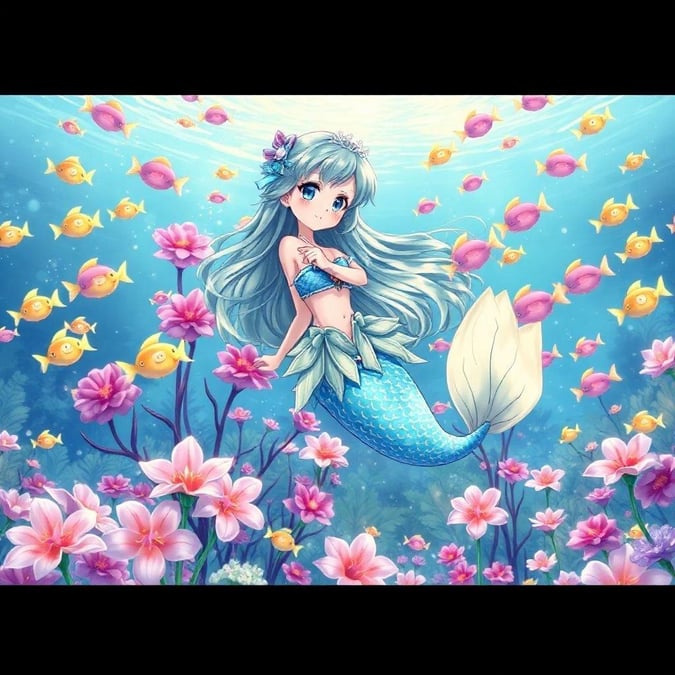 This enchanting anime illustration features a charming mermaid princess swimming alongside a school of colorful fish, surrounded by magical flora of pink and purple flowers, set against a galaxy of small glowing fish in the background.