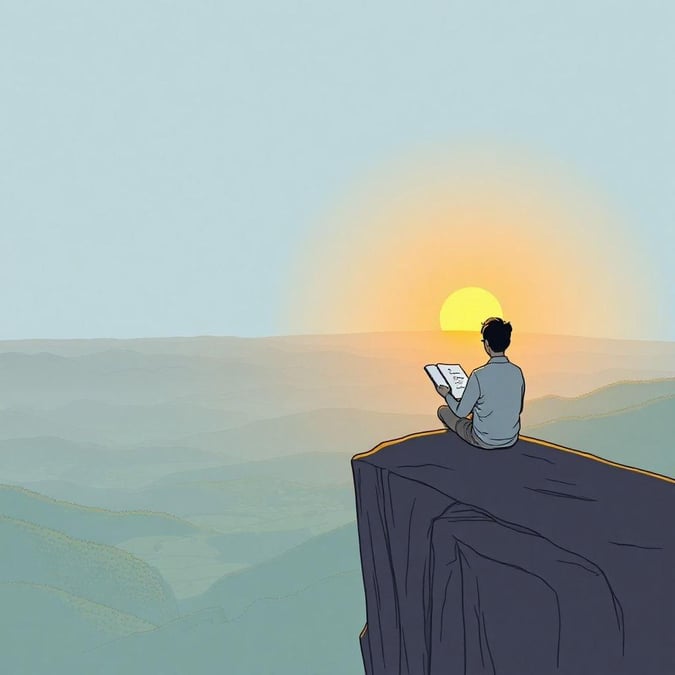 A serene scene of watching the sunset while contemplating life, set against a backdrop of a valley and distant mountains.