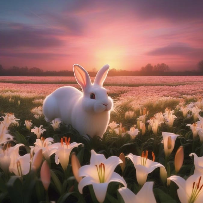 This image captures the joyous spirit of Easter with two adorable rabbits frolicking in a beautiful field of flowers. The sky is painted with warm hues at sunset, casting a serene glow on the scene. This wallpaper is perfect for celebrating spring and the Easter holiday.