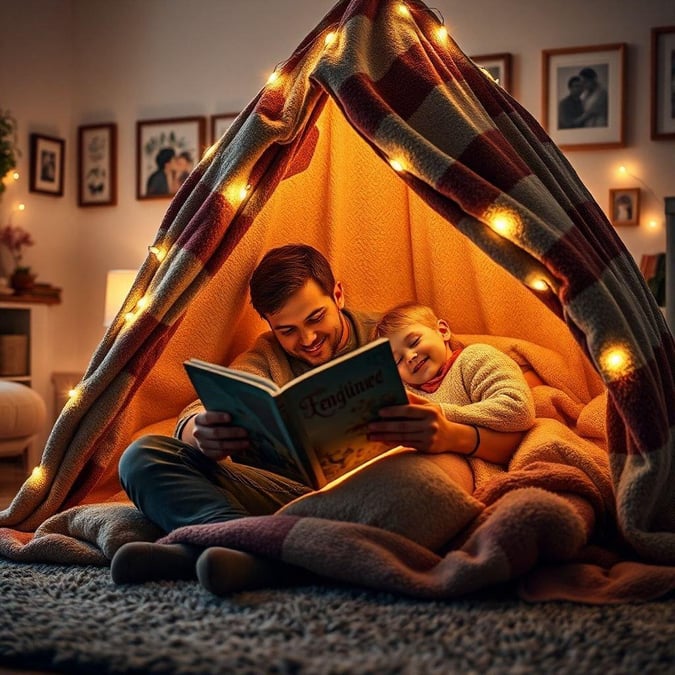 A father and child snuggled up in a cozy tent reading together. Celebrate the joy of reading this Father's Day.