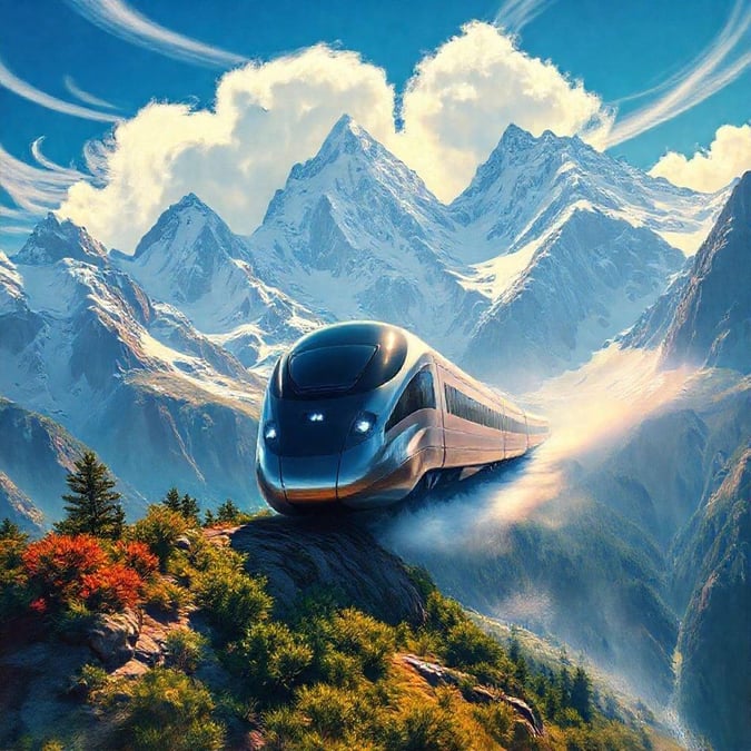 A sleek bullet train carves its path through a stunning mountain landscape. The high-speed vehicle, a marvel of modern technology, blends seamlessly with the rugged beauty of the environment.