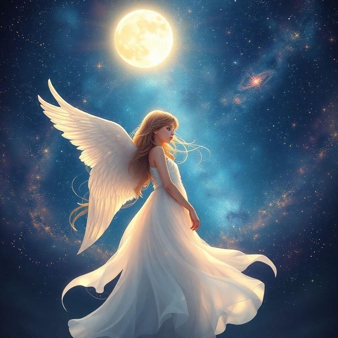 In the serene embrace of the night sky, an angelic figure takes flight. Her gossamer wings spread wide as she dances among the stars, a beacon of celestial beauty. A soft smile graces her face as she gazes upwards at the radiant moon, a mirror reflecting her own ethereal presence. The cool night air is filled with whispers of magic and dreams. Her enchanting presence brings peace and wonder to all who see her, reminding us that even in this world of ours, there's always room for fantasy.