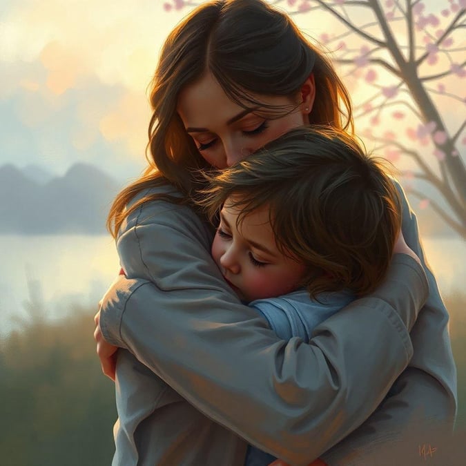 In celebration of Mother's Day, this digital illustration captures the tender moment between a mother and child. The tranquil scene is bathed in the soft glow of sunset, as the mother lovingly holds her child close to her heart.